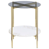 Jonelle - Round Glass Top End Table White Marble Shelf Gold - Smoke