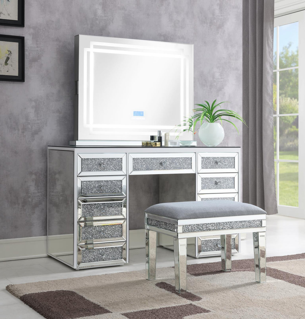 G-310 - Glamour Vanity Set (Dresser + Mirror Bluetooth Speaker With Lights) - Pearl Silver