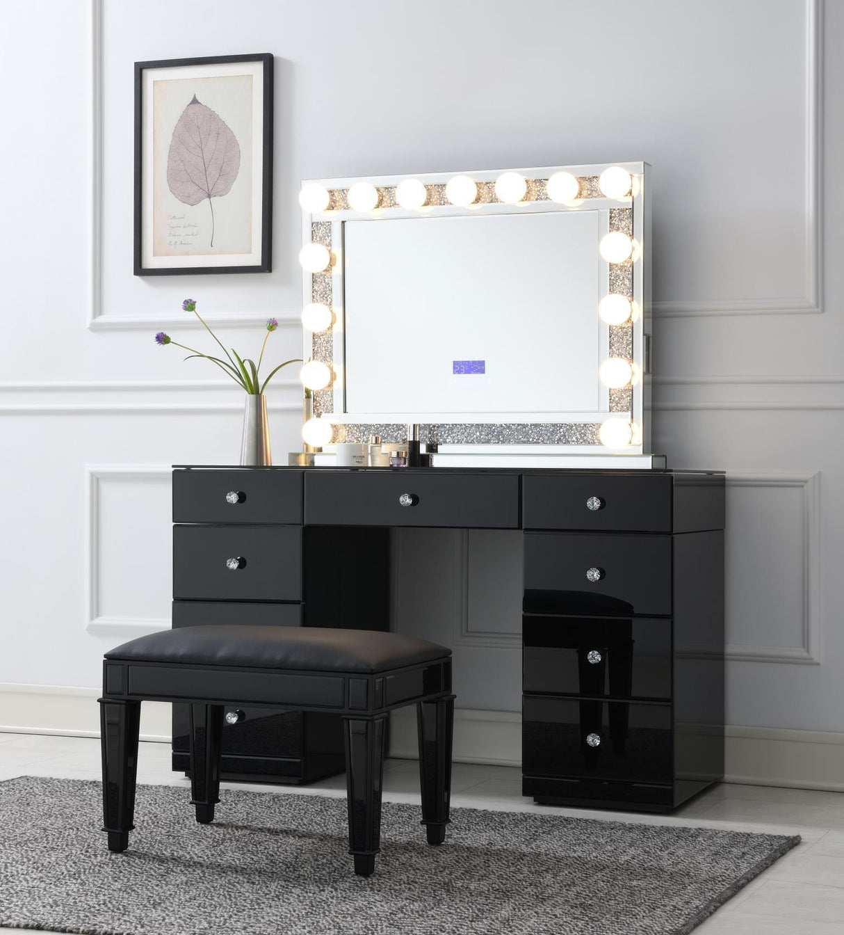 G-316 - Glamour Vanity Set (MDF Dresser + Mirror Bluetooth Speaker With Lights) - Black
