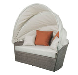 Salena - Patio Canopy Sofa With 4 Pillows & Ottoman - Beige Fabric & Gray Wicker