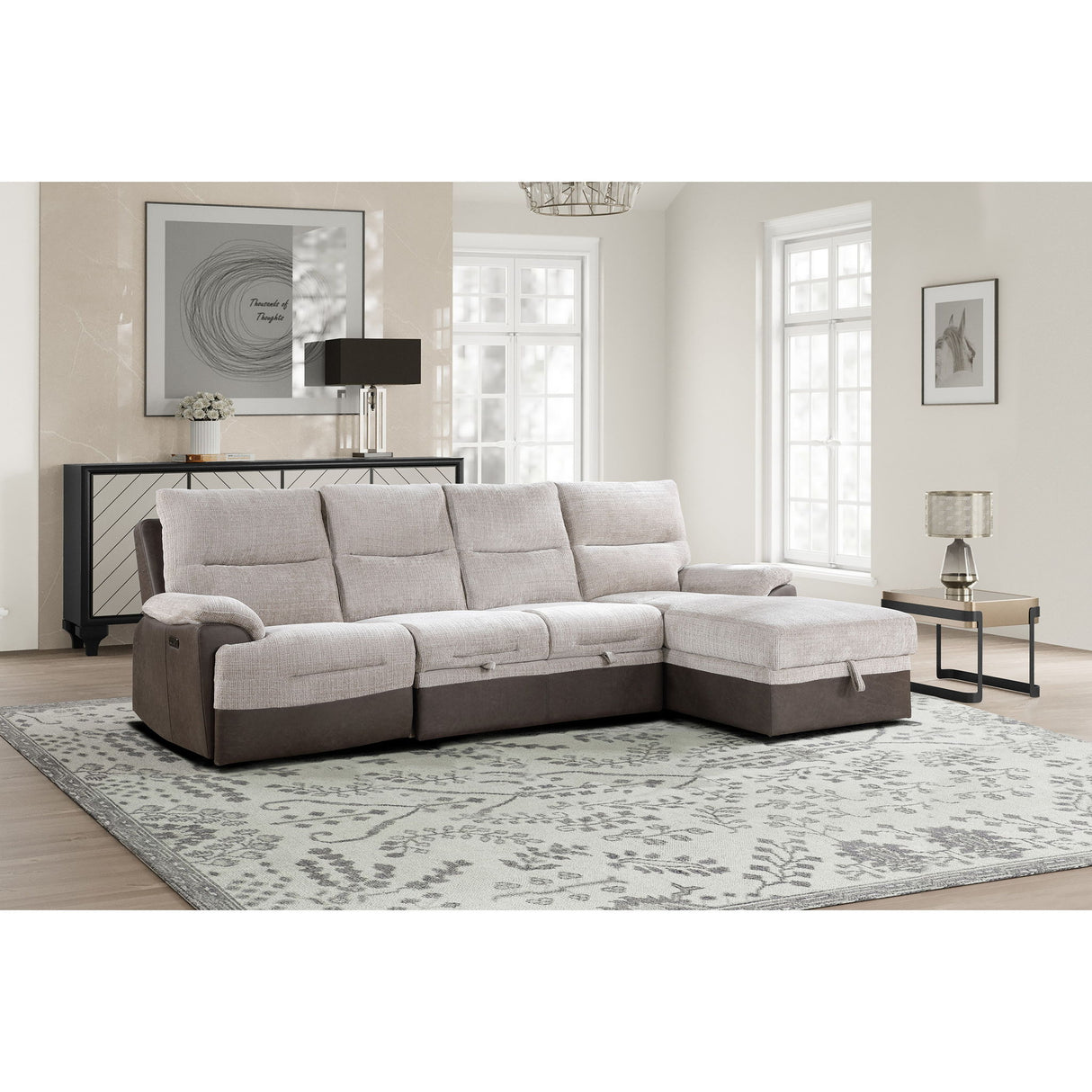Kia - Sectional With Power And USB - Beige / Brown