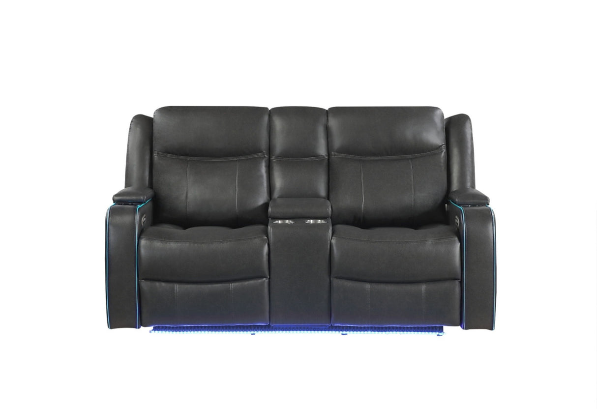 UM2768 - Power Console Reclining Loveseat With Power Headrest, LED Lights, LED Welt Storage Arms, LED Cupholders And USB A/C - Charcoal