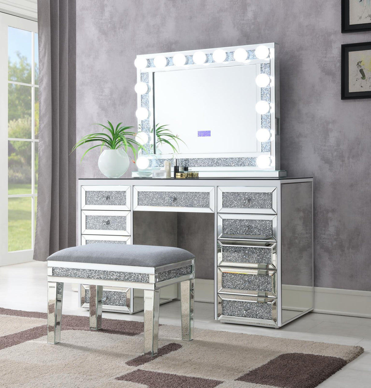 G-310 - Glamour Vanity Set (MDF Dresser + Mirror Bluetooth Speaker With Lights) - Pearl Silver