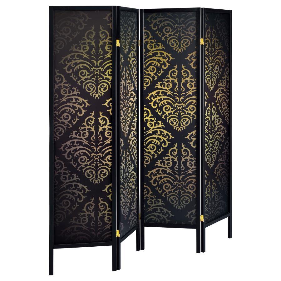 Haidera - 4-Panel Room Divider Folding Screen - Black Damask